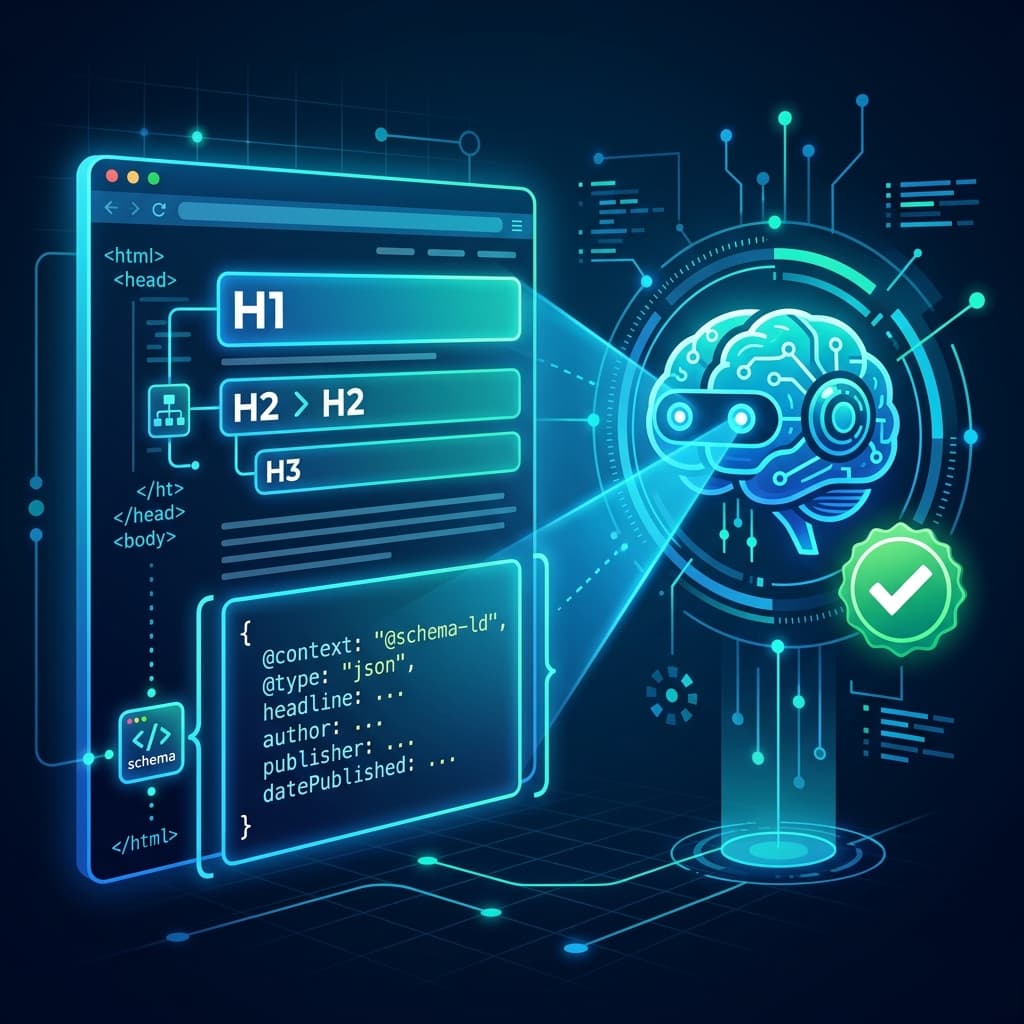 A website being analysed by an AI system — structured data, heading hierarchy, and schema markup highlighted