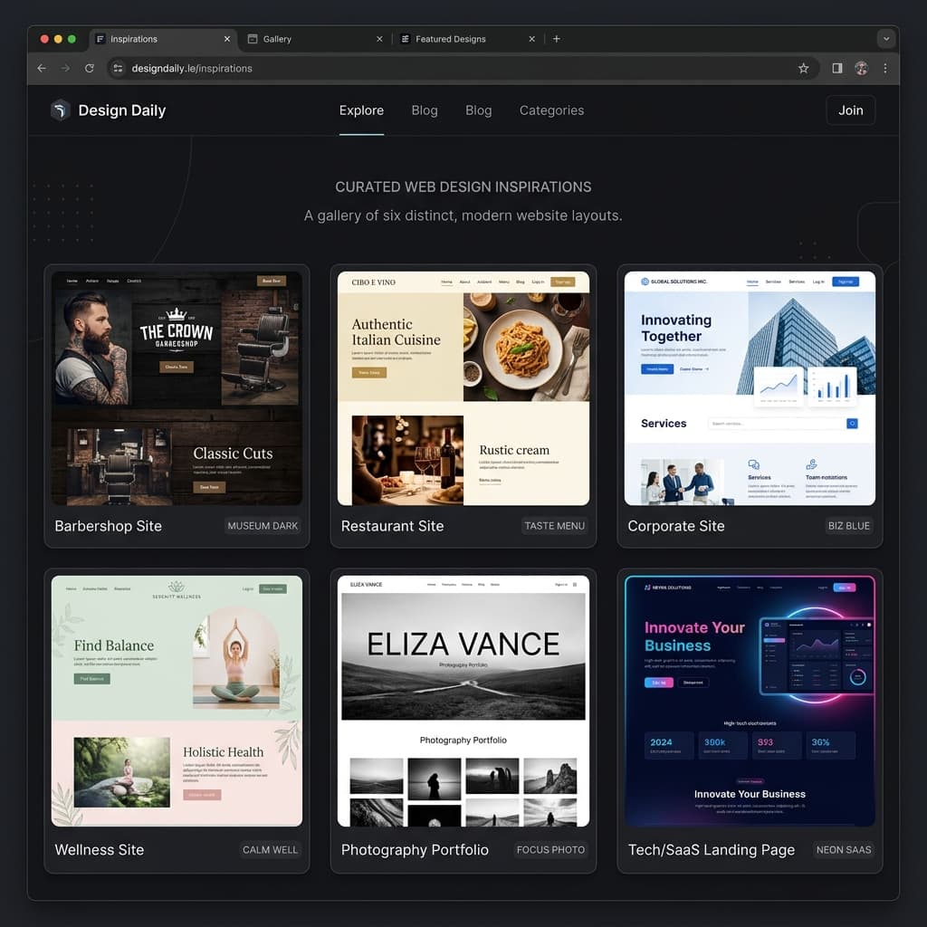 Preview of AI-generated websites across different industries — each with a unique, premium design