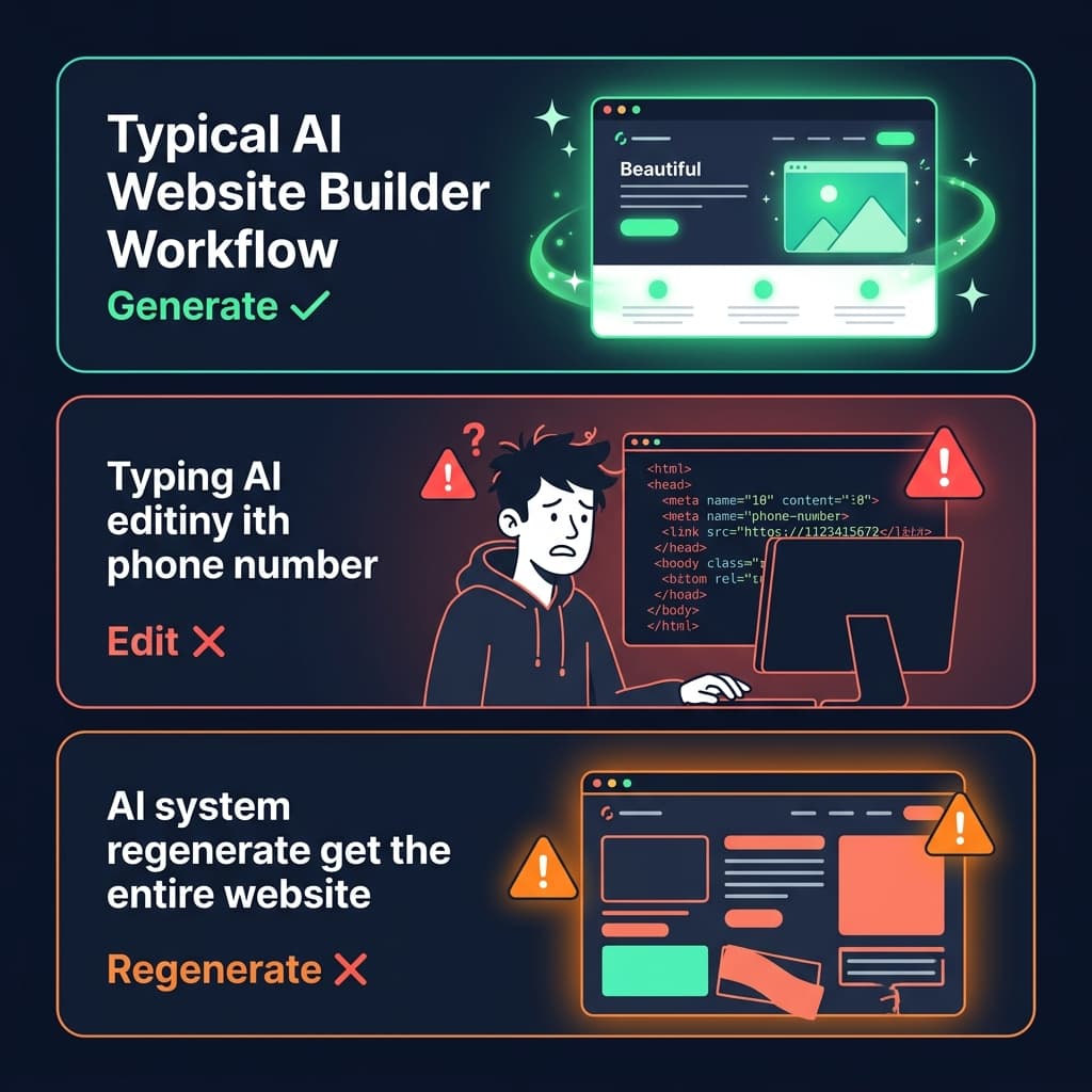 The typical AI website builder workflow: generation is easy, but editing means either raw code or full regeneration