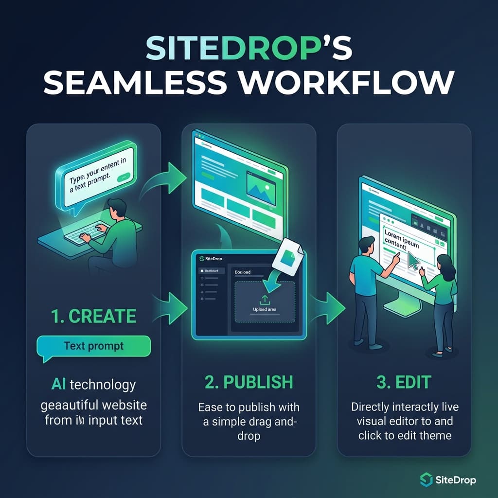 SiteDrop's three-step workflow: create with any AI, publish instantly, edit directly on the live page