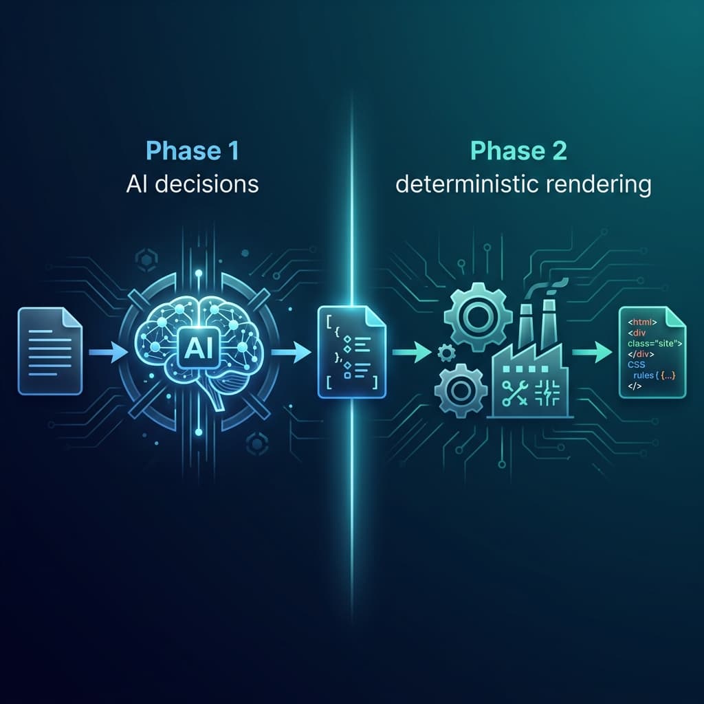 Two-phase architecture: AI produces a structured specification, then a deterministic compiler renders it into perfect HTML