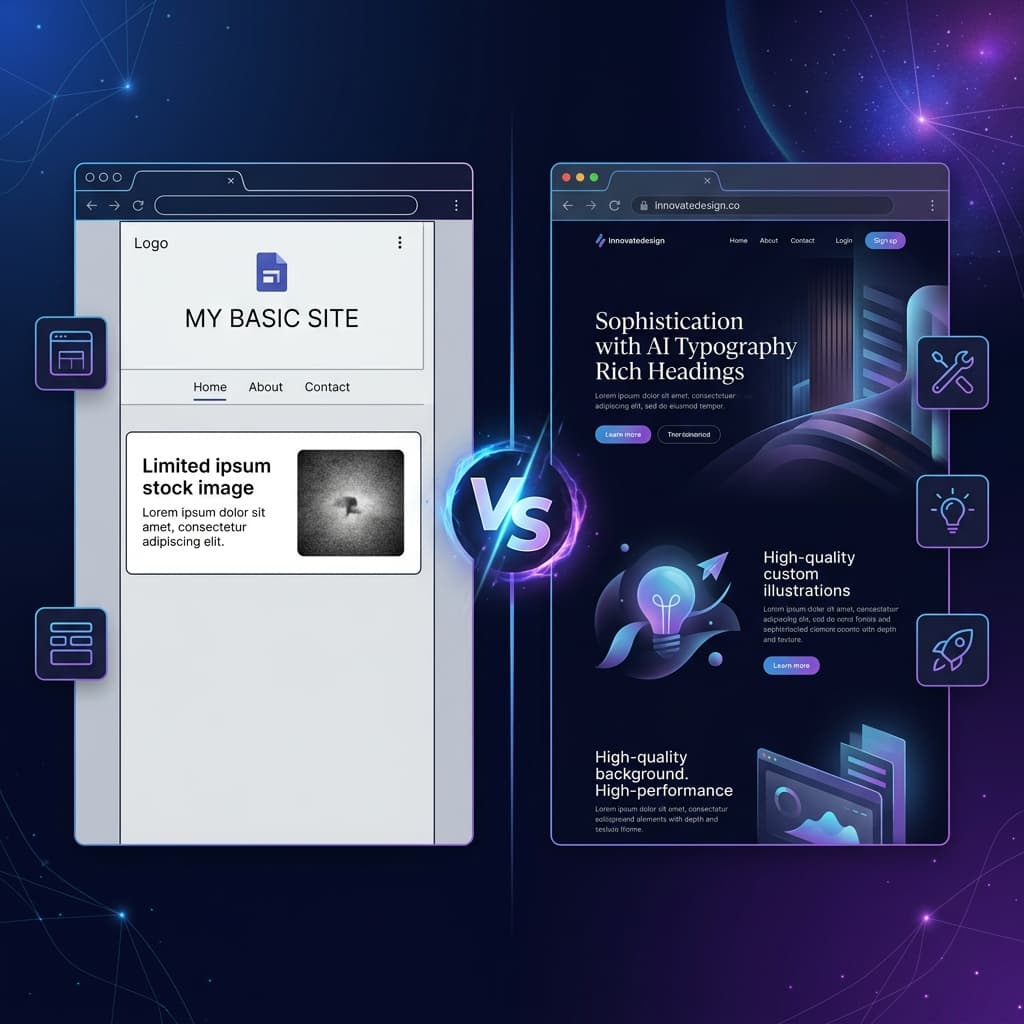 Comparing a basic Google Sites page with a premium AI-generated website — the design gap is significant