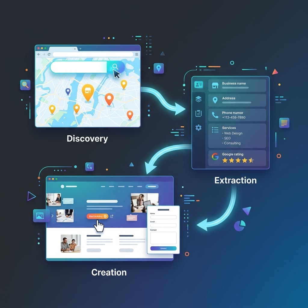 Three-step flow: search an area, review the business dossier, hit build — the website generates pre-filled